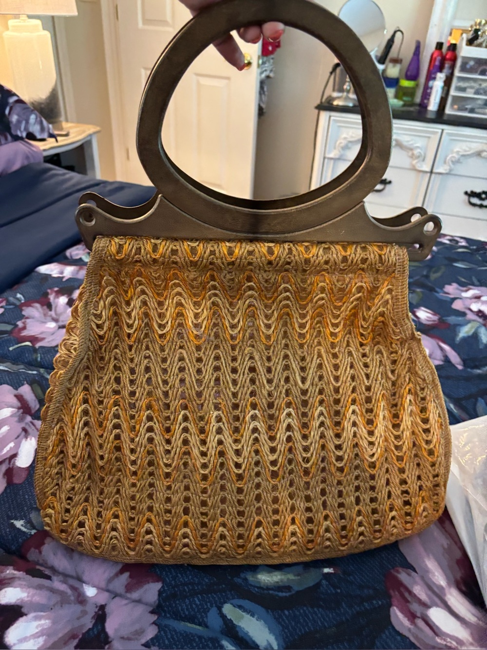Woven Metallic Gold Handbag with Circular Handles